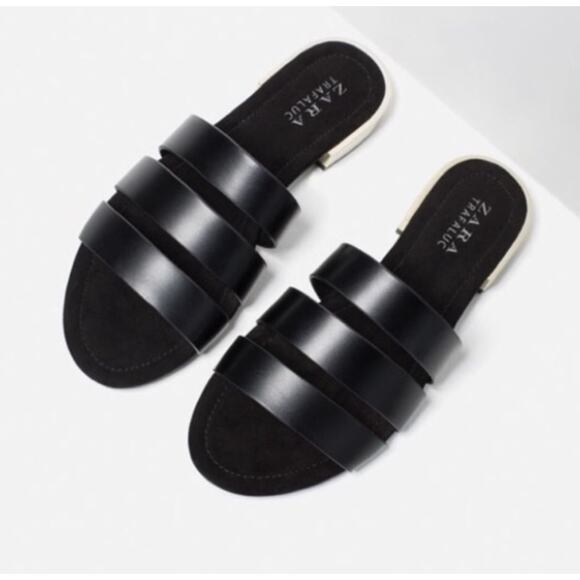 ZARA TRAFALUC | Black Flat Slide Band Sandals Chrome Silver Mini Heel | 40, US 9 - Picture 1 of 9